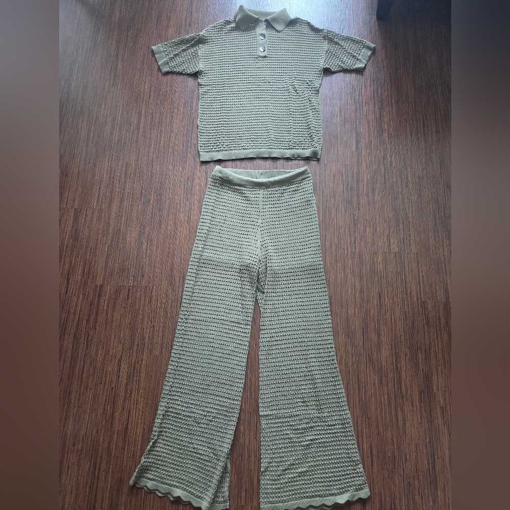 Mango Perforated Knit Polo and Pants Set in Olive/khaki
